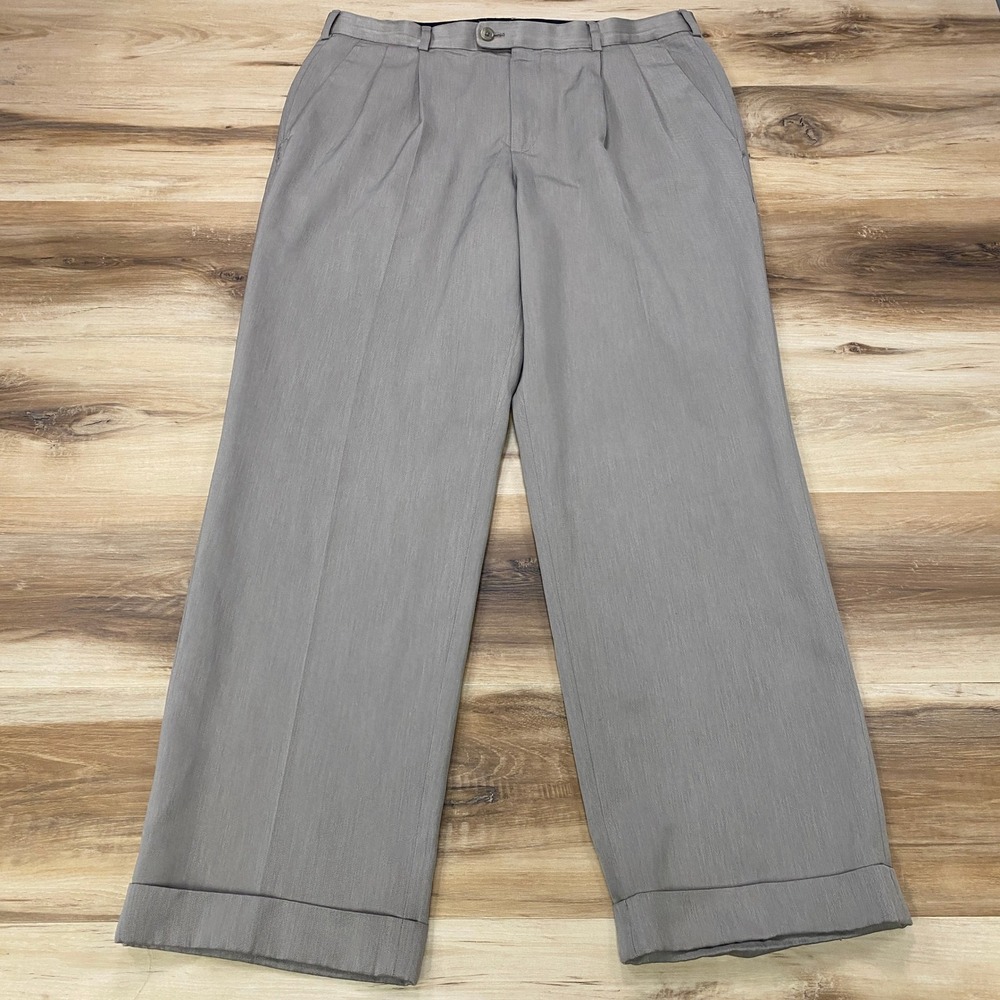 Perry Ellis Portfolio Dress Pants 33x30 Pleated Cuffed Polyester Khaki Gray Y2K